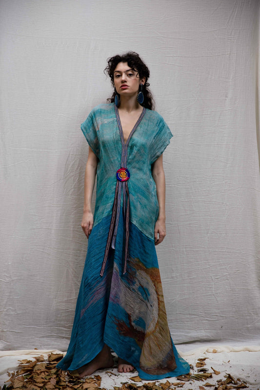 Linen printed caftan dress artwork by painter  Efi Wagner