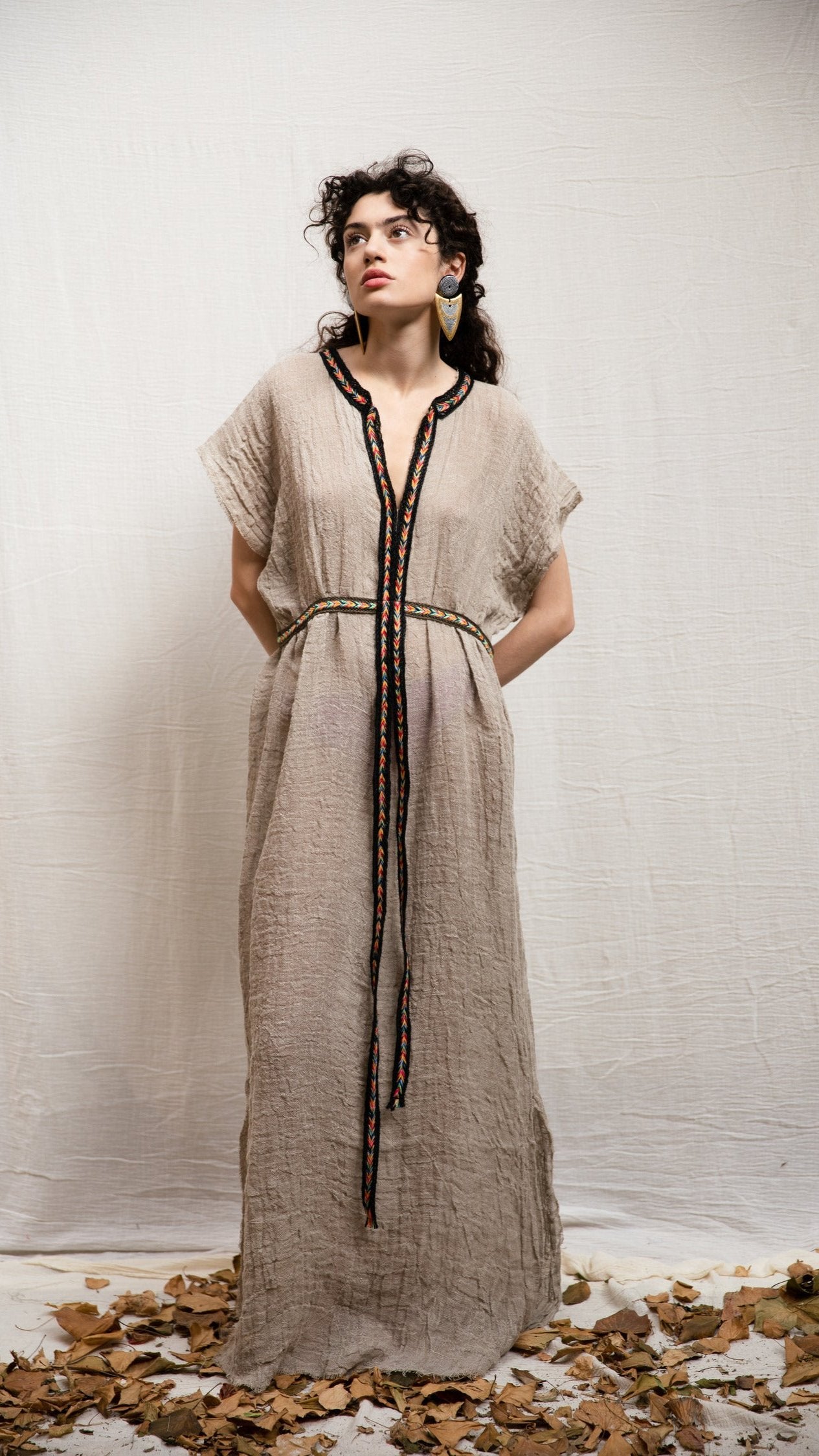 D.389 Natural beige linen caftan dress with colorful trims