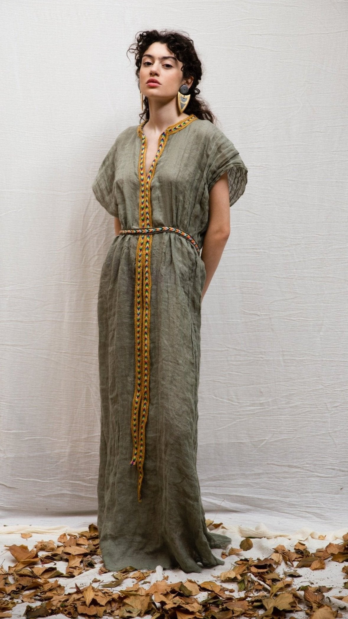 D.390 Khaki linen kaftan dress with trims