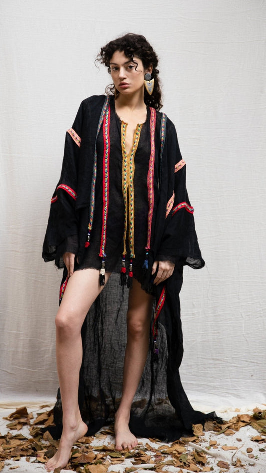 D.396 Black linen asymmetrical open caftan with trims