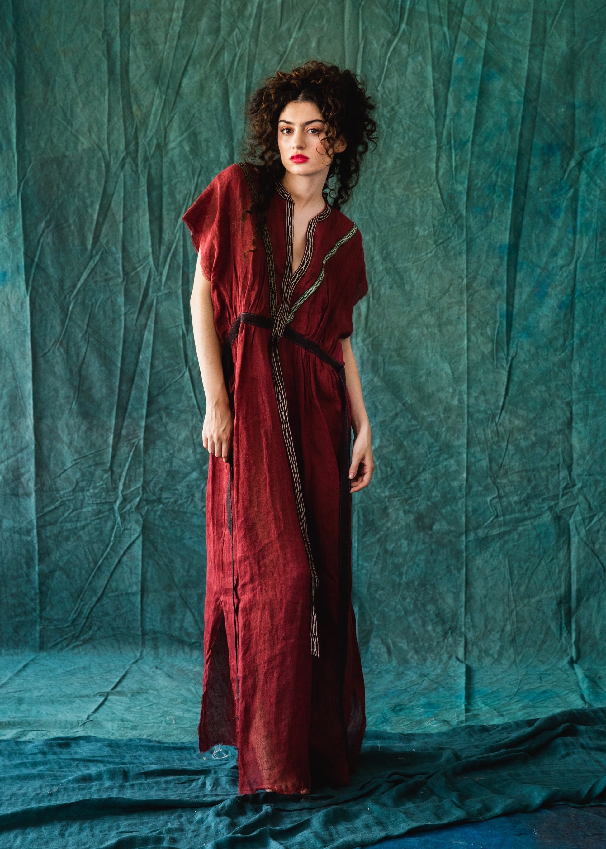 Linen caftan dress with unique colorful trims. – Dassios Linen caftan dress with unique colorful trims. – Dassios
