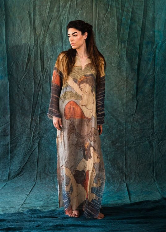 Caftan dress adorned with a print by Greek painters
