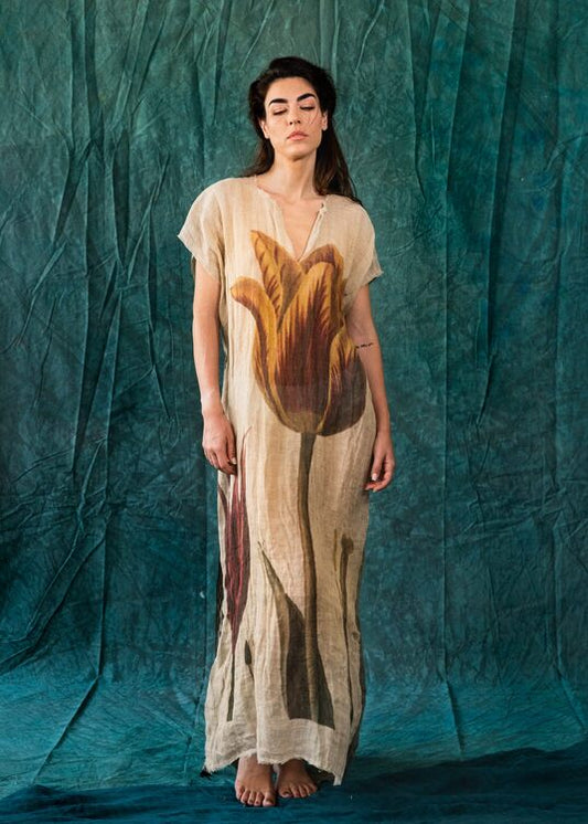 Poppy caftan - dress adorned with a print by Greek painters