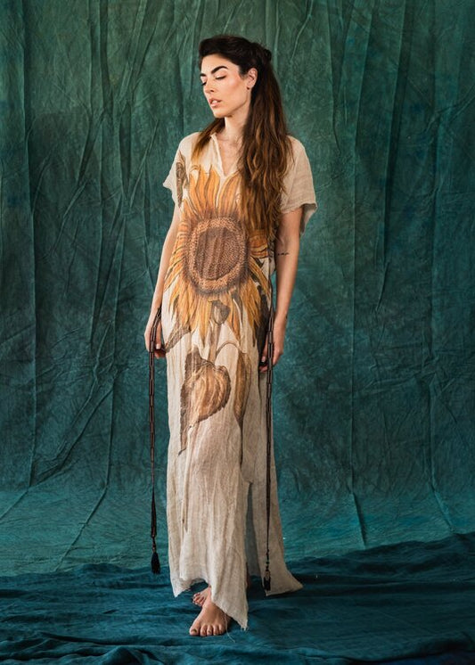 Sunflower caftan - dress adorned with a print by Greek painters