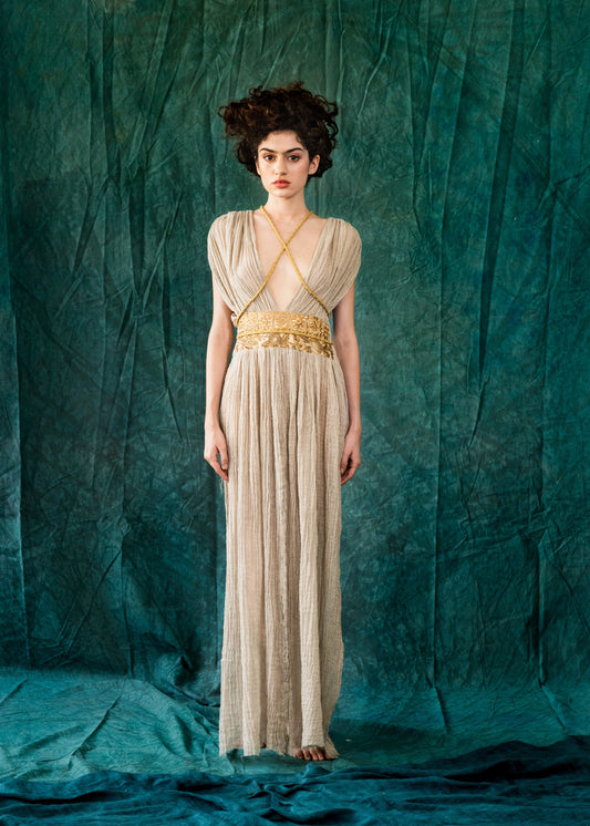 Dress with golden straps and embroidered golden belt