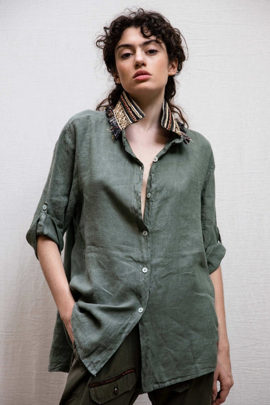 DSM.140 Khaki linen tunic shirt with collar embroideries