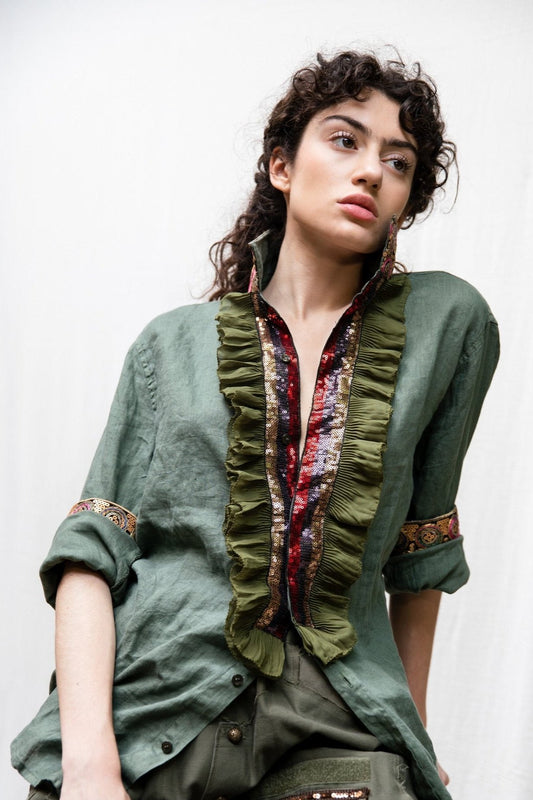 DSM.141 Khaki linen shirt with sequin embroideries & ruffles