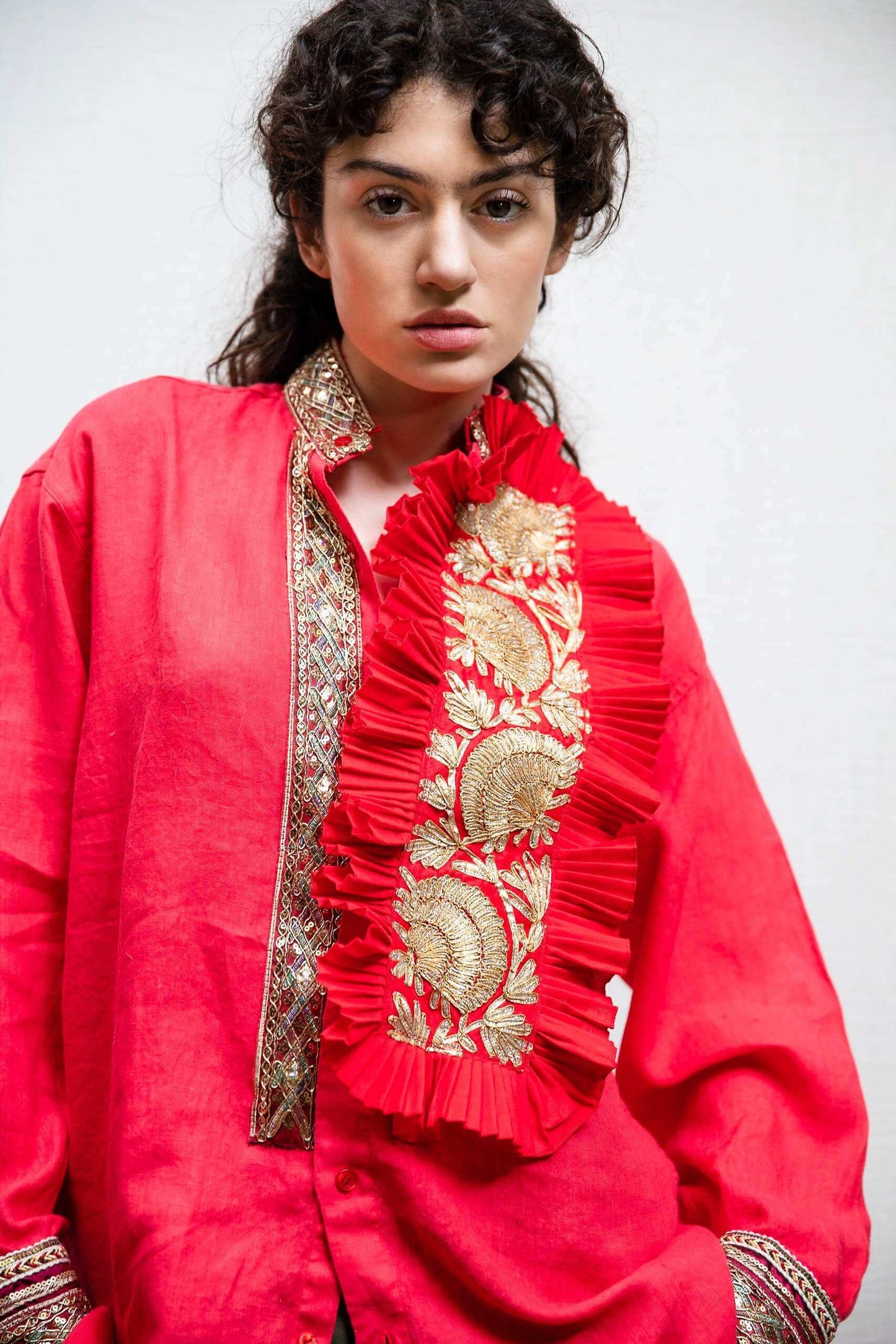 DSM.142 Red linen shirt with golden embroideries & ruffle plastron