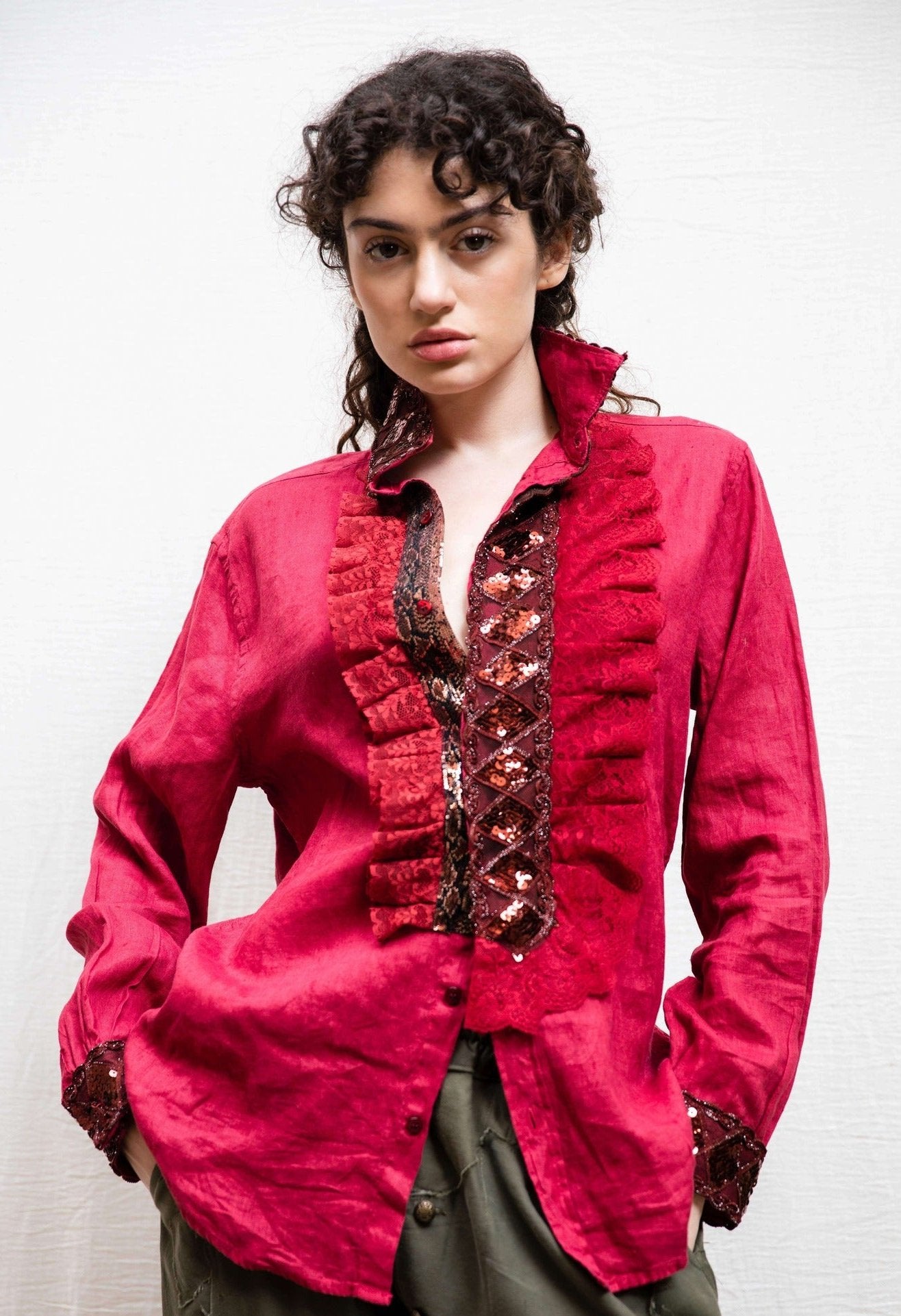 DSM.143 Red linen shirt with sequin embroideries and cotton lace ruffles