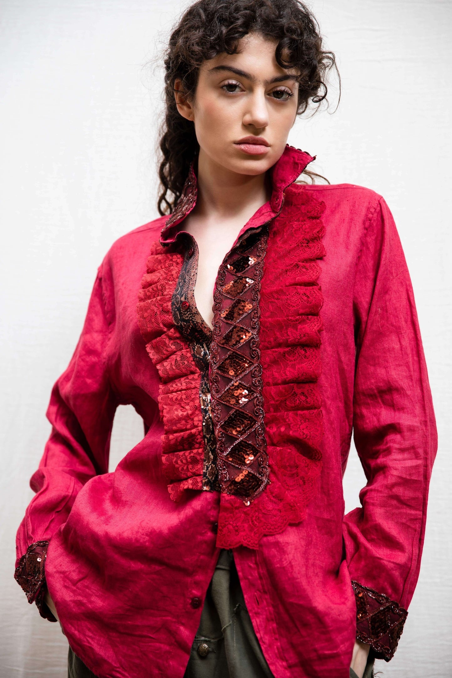 DSM.143 Red linen shirt with sequin embroideries and cotton lace ruffles