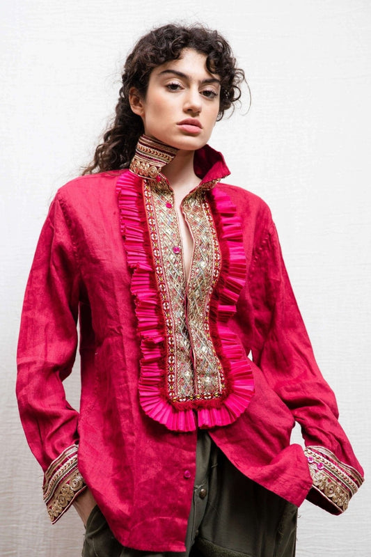 DSM.144 Red shirt with golden embroideries and cotton ruffles