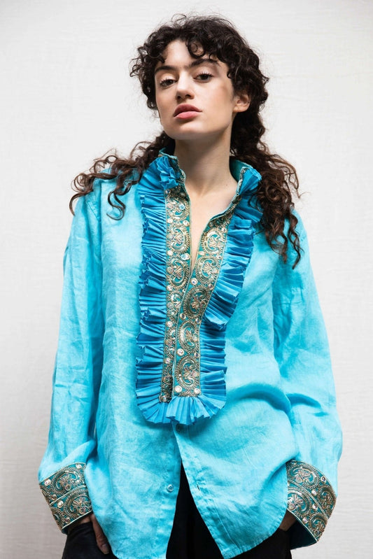 DSM.146 Turquoise linen shirt with embroideries and cotton ruffles