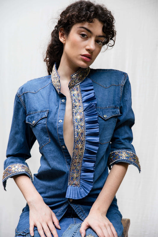 DSM.148 Denim cotton shirt with embroideries & cotton ruffles