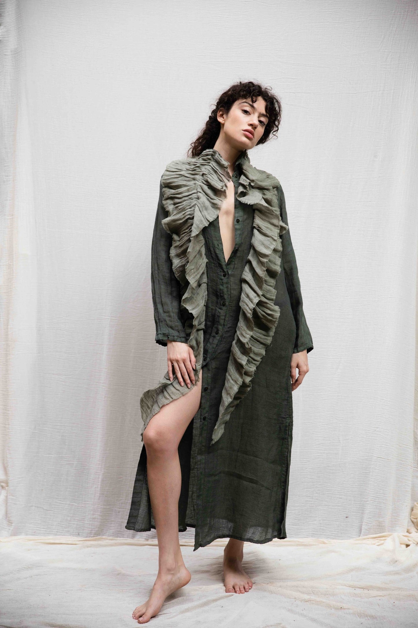 DSM.151 Khaki linen maxi shirt dress with linen volant