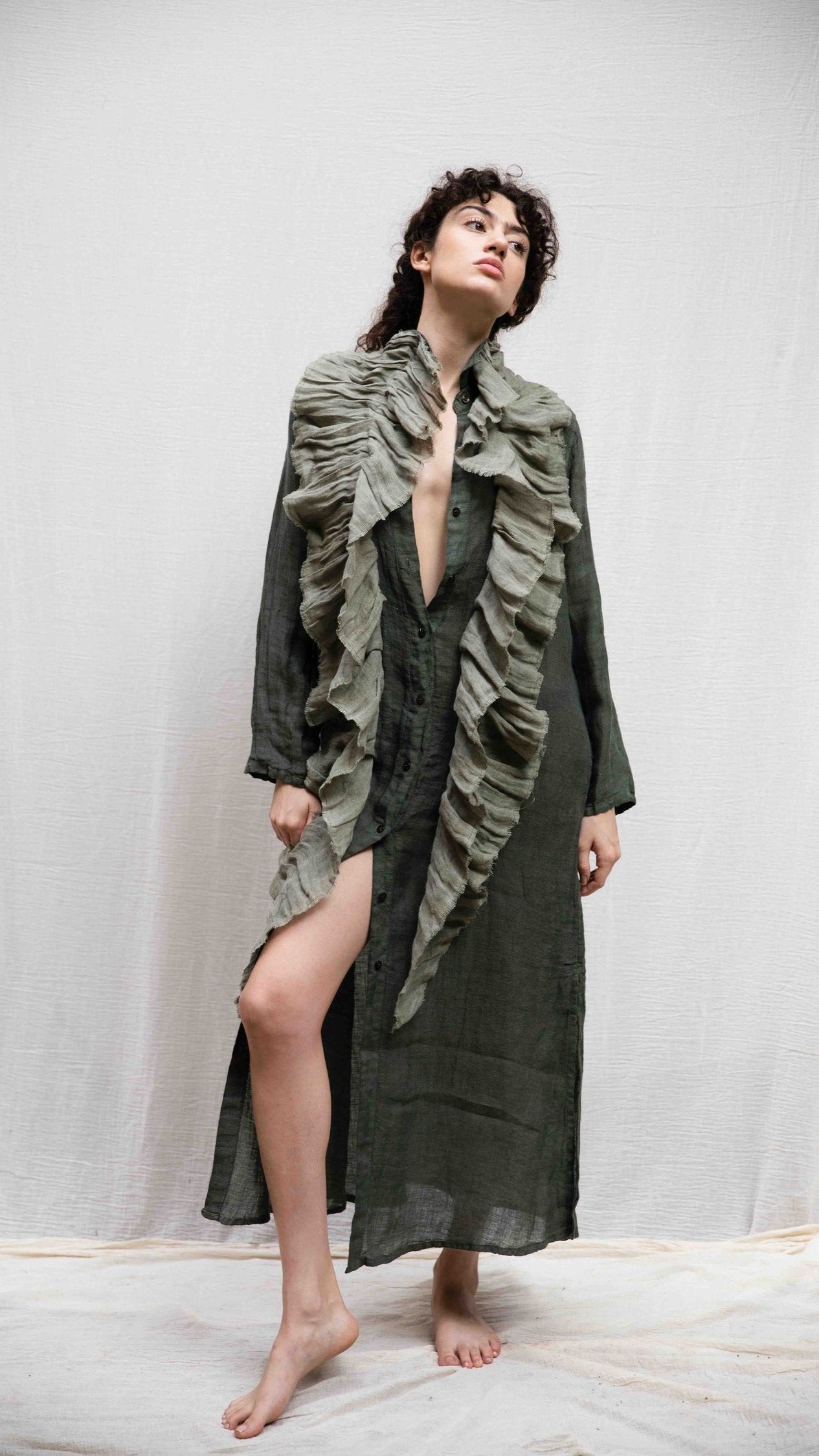 DSM.151 Khaki linen maxi shirt dress with linen volant