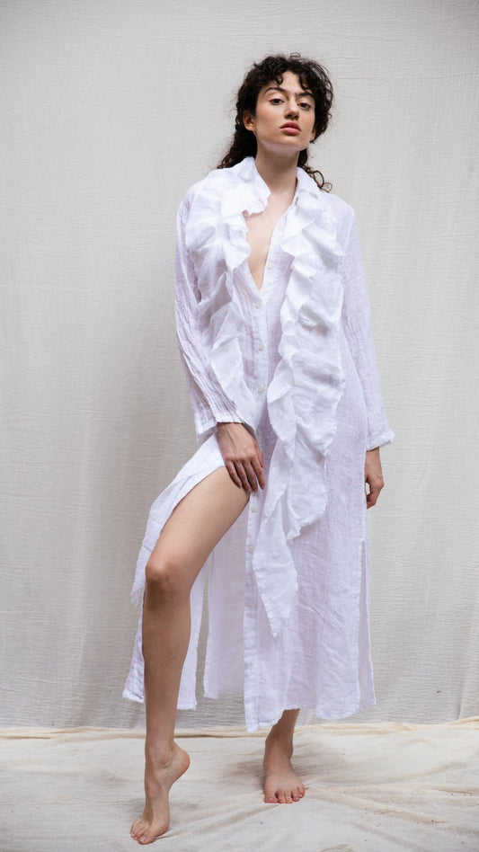 DSM.153 White linen maxi shirt dress with linen volant