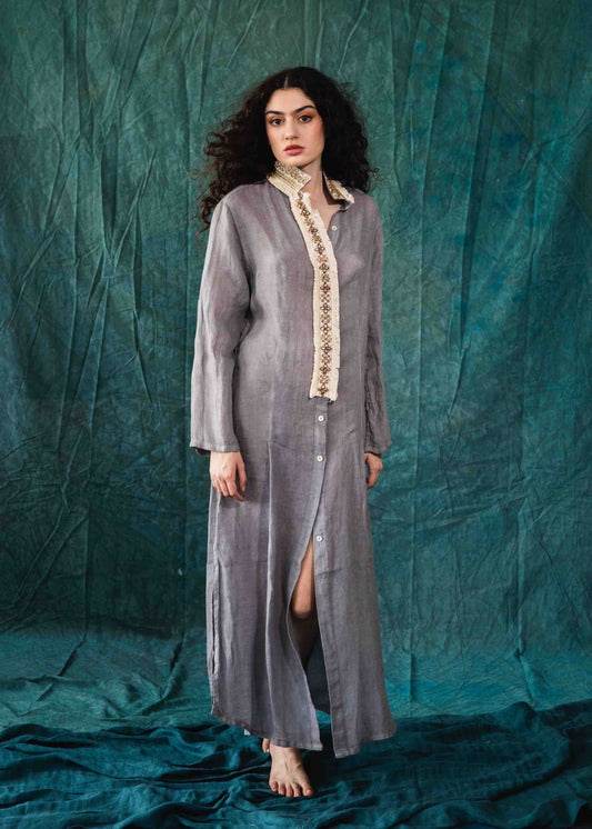 Grey linen shirt - dress embroidered