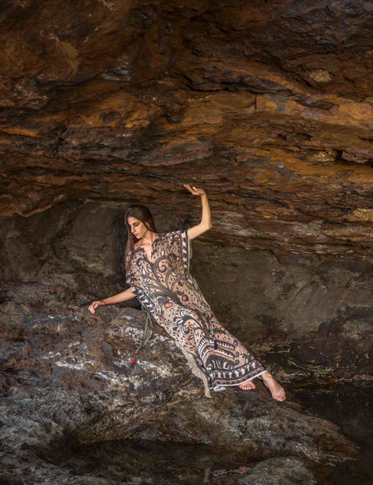 Linen printed caftan dress artwork by painter Sofia Datseri