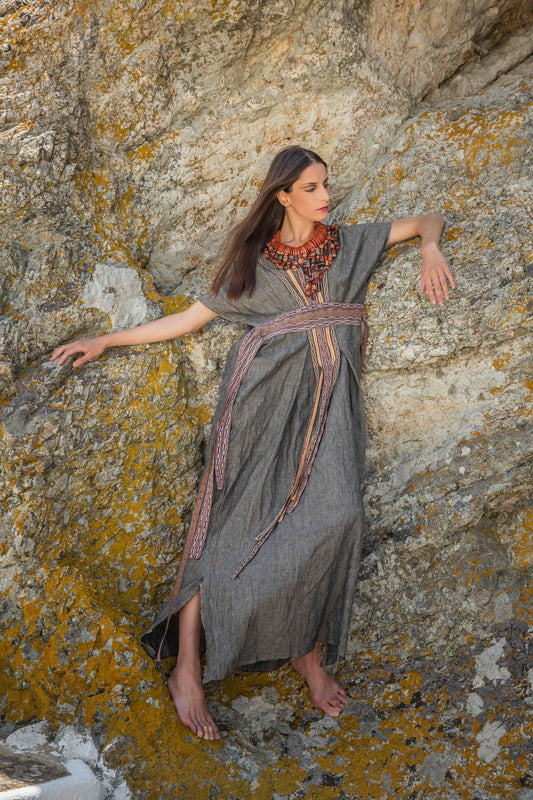 Linen caftan dress in grey melange
