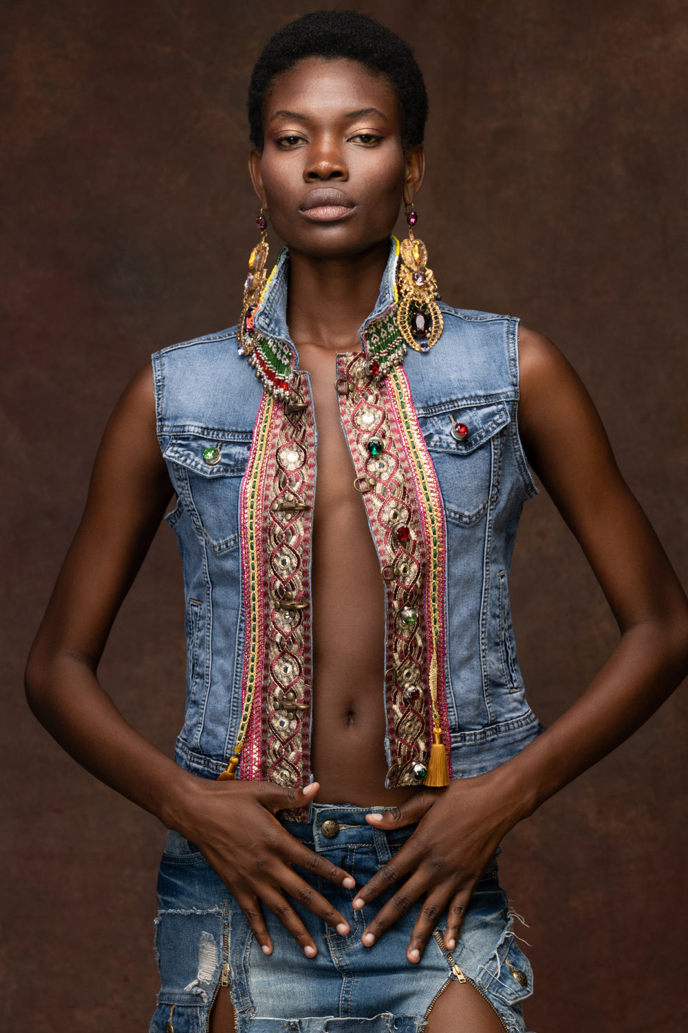 Denim vest with embroideries and embelishments