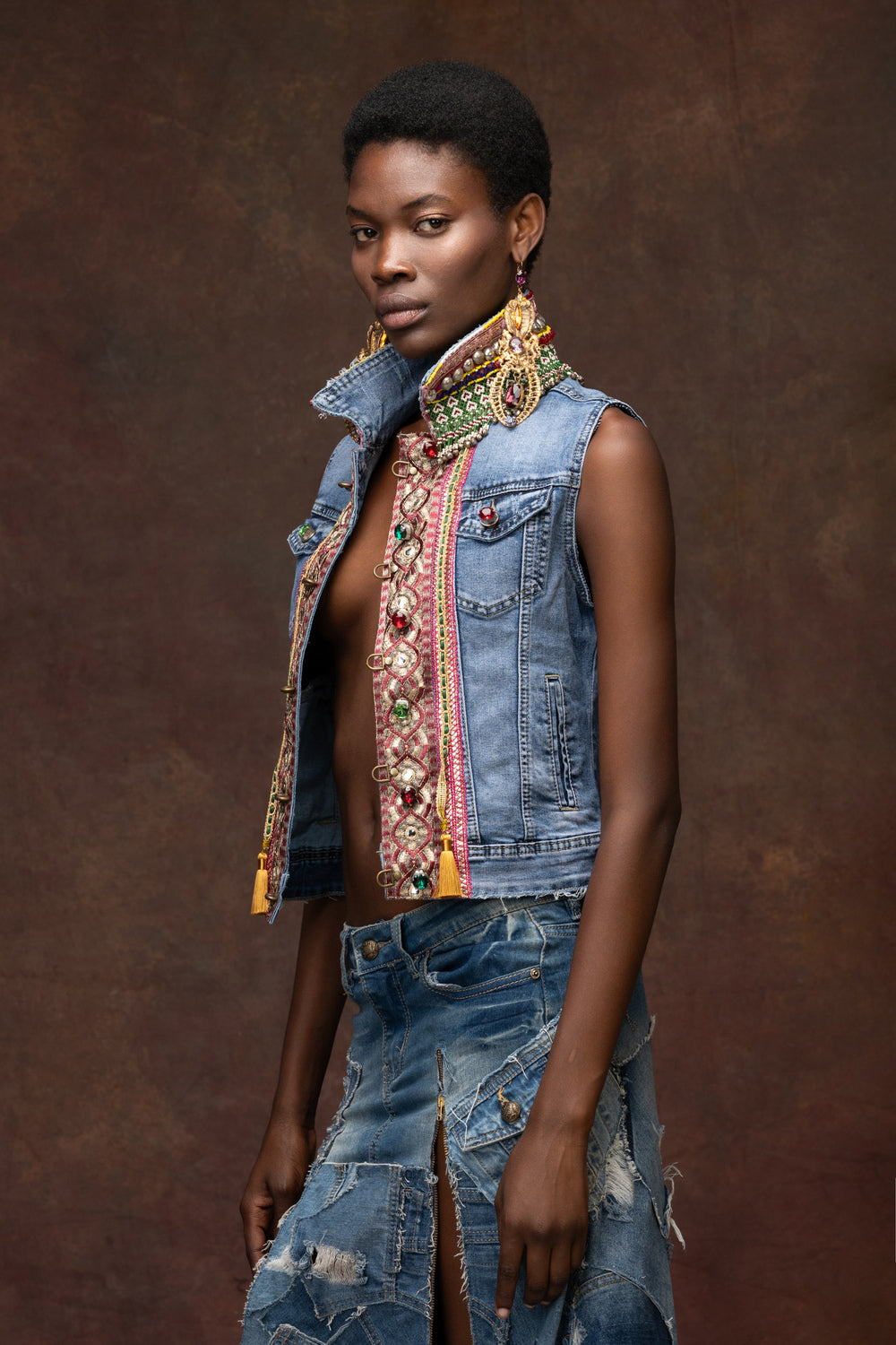 Denim vest with embroideries and embelishments