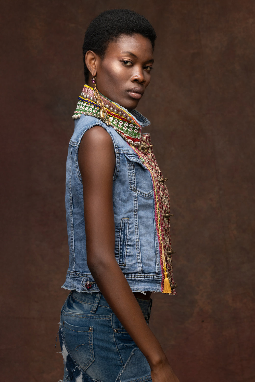 Denim vest with embroideries and embelishments