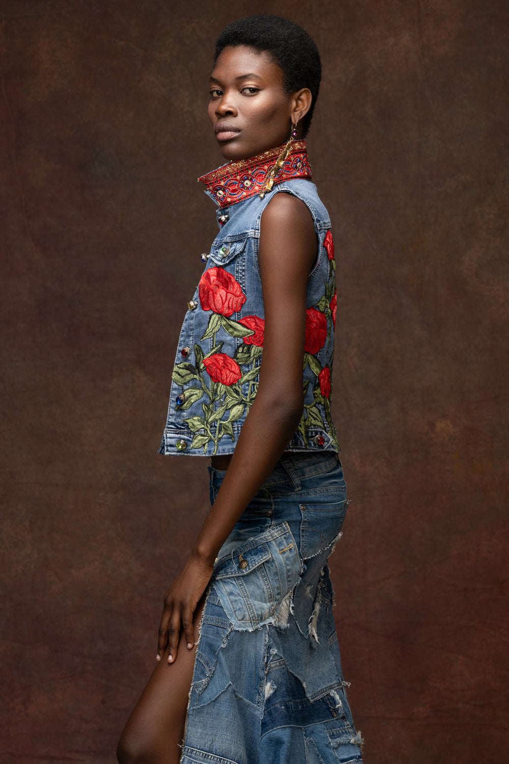Red Rose Embroidered Denim Statement Vest