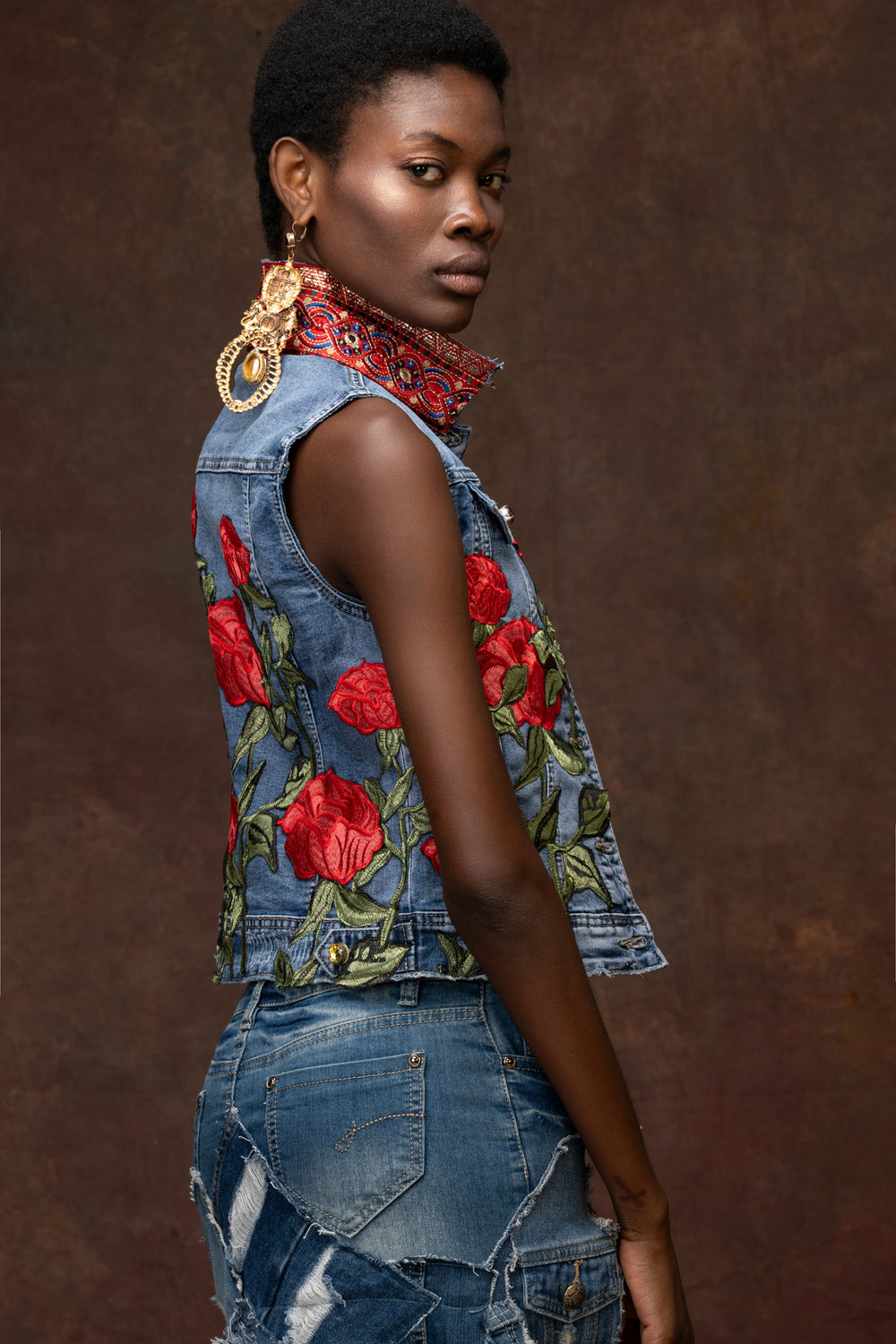 Red Rose Embroidered Denim Statement Vest