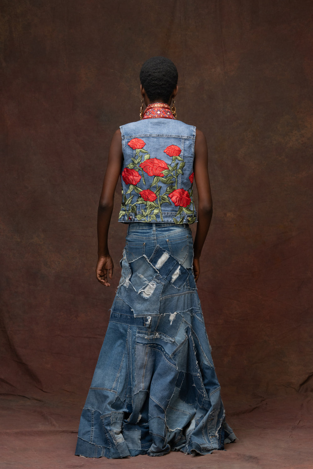 Red Rose Embroidered Denim Statement Vest