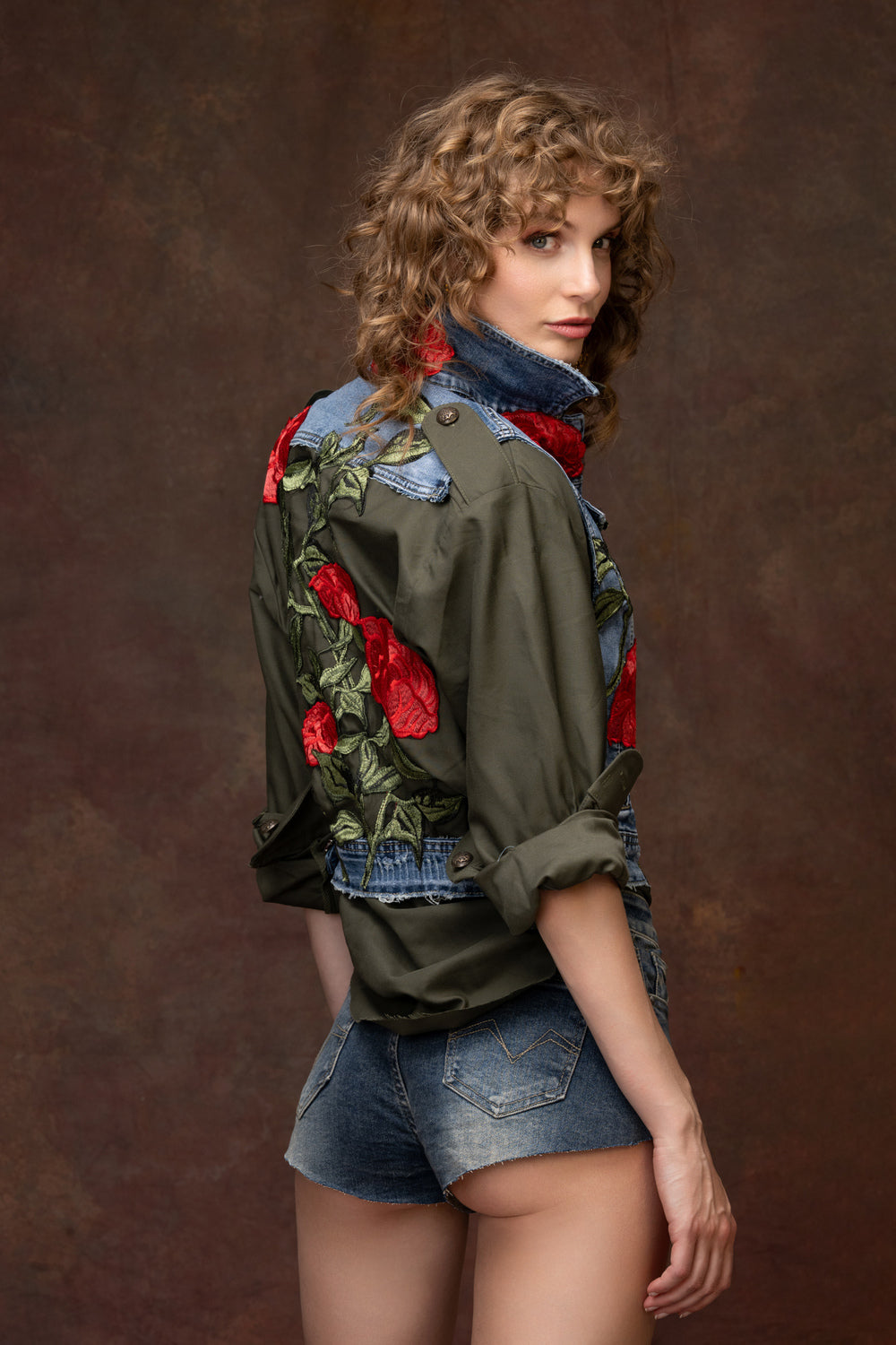 Military-Infused Rose Embroidered Denim Vest