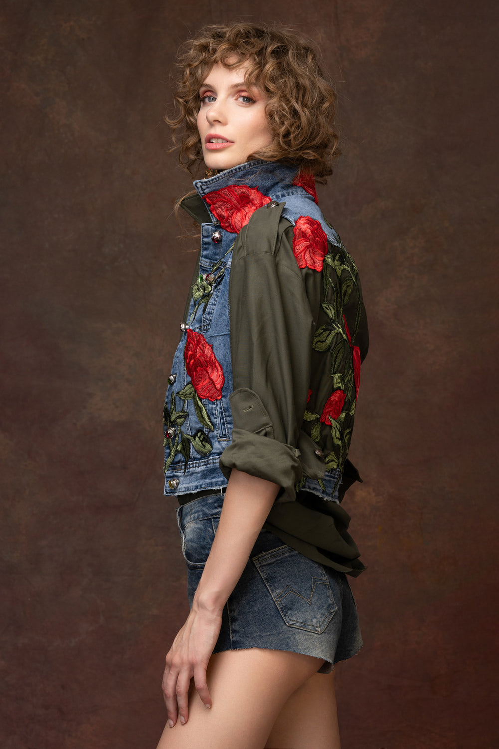 Military-Infused Rose Embroidered Denim Vest