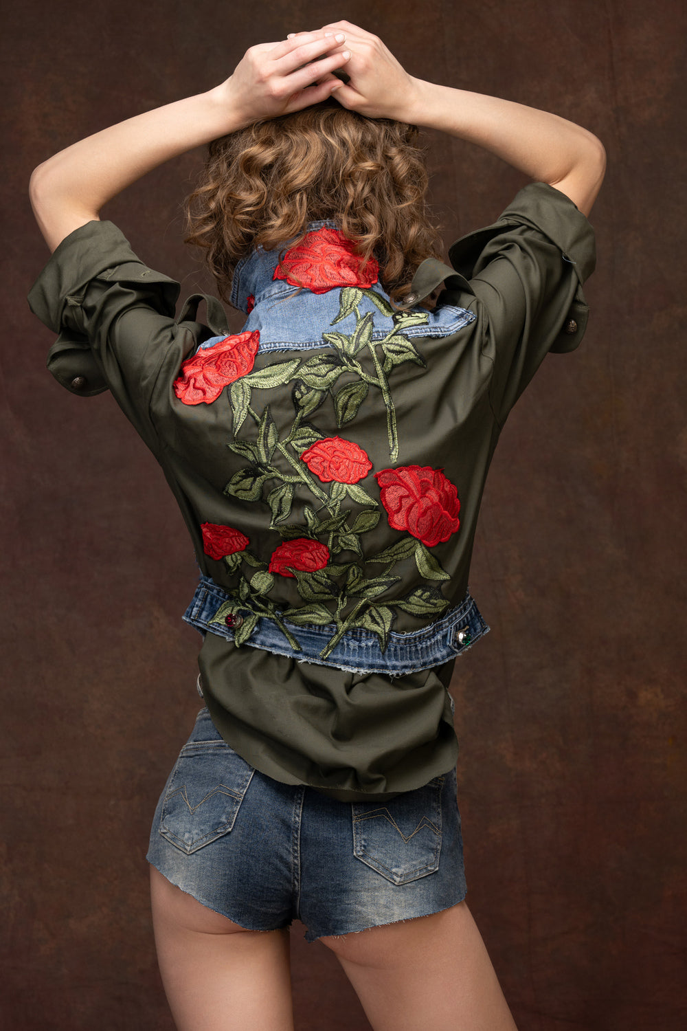Military-Infused Rose Embroidered Denim Vest