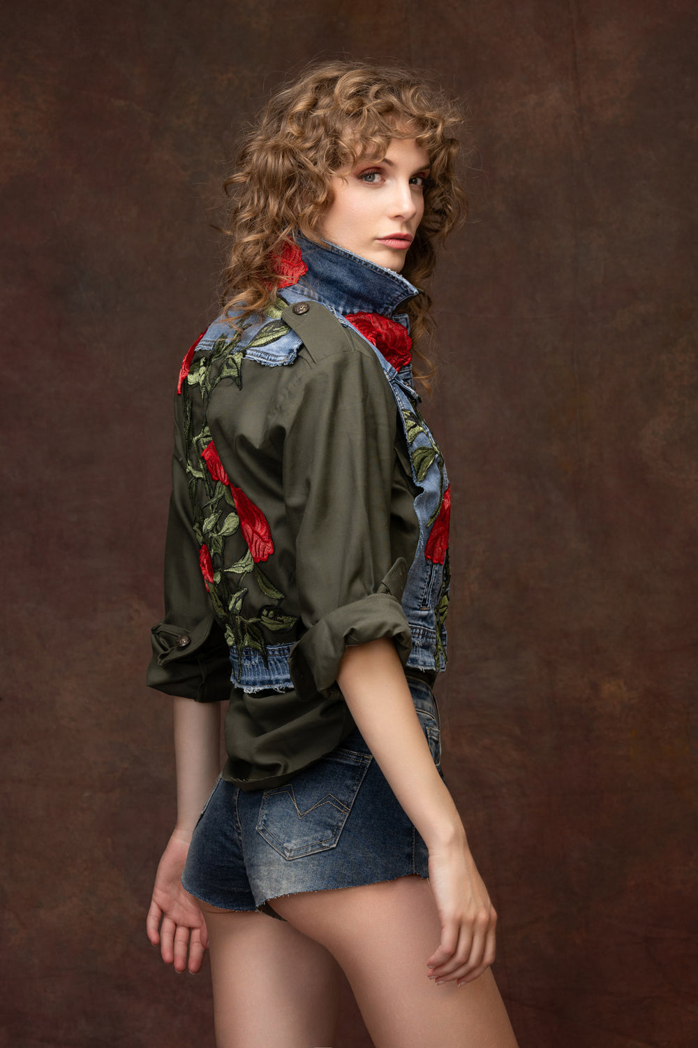 Military-Infused Rose Embroidered Denim Vest