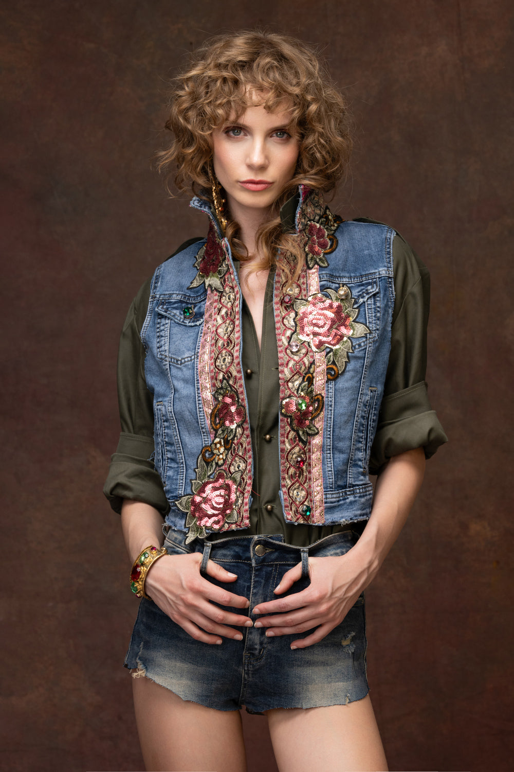 Military jacket with Denim Details And Sequined Floral Rosettes