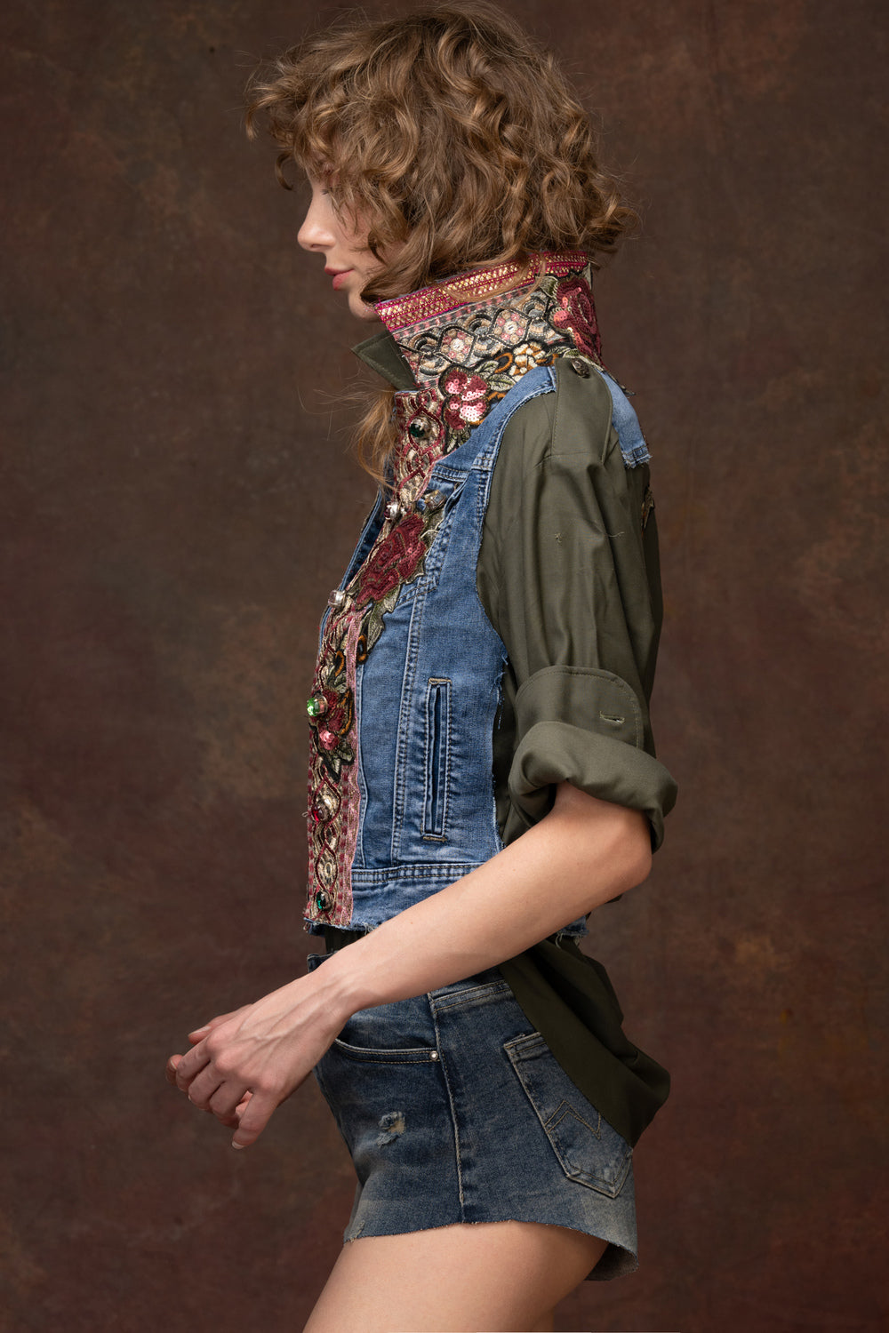 Military jacket with Denim Details And Sequined Floral Rosettes