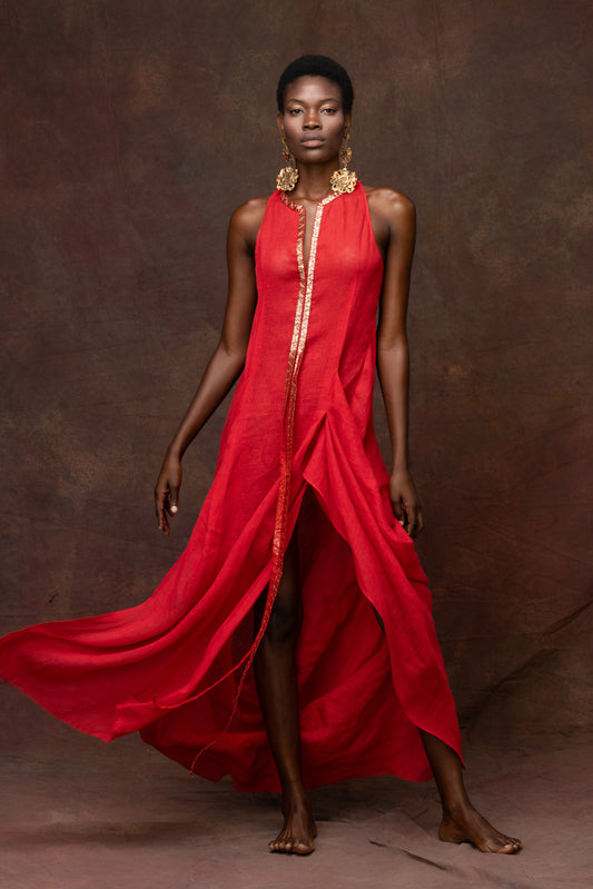 Red Linen Dress With Metallic Trim