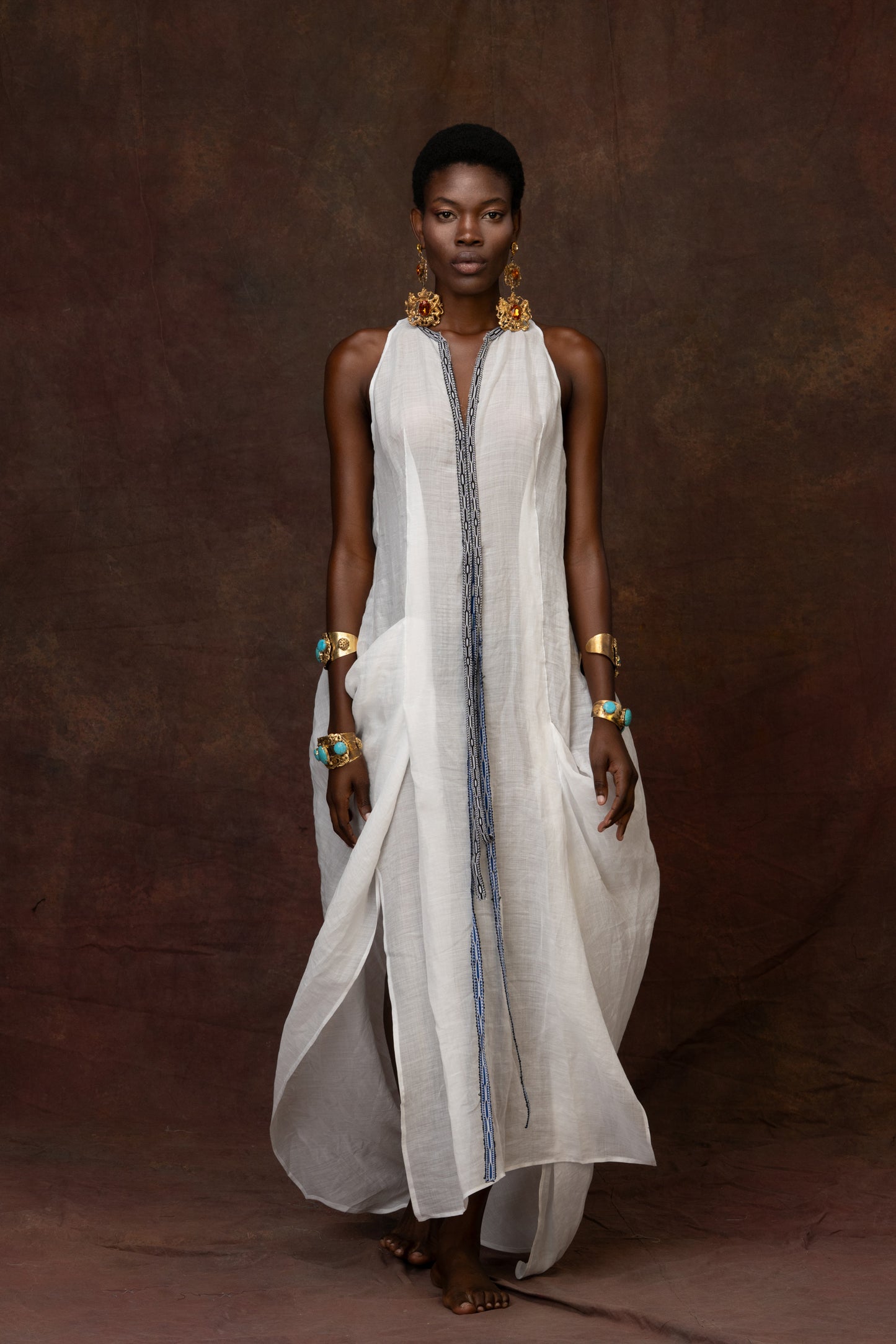 White Linen Dress With Trim Details