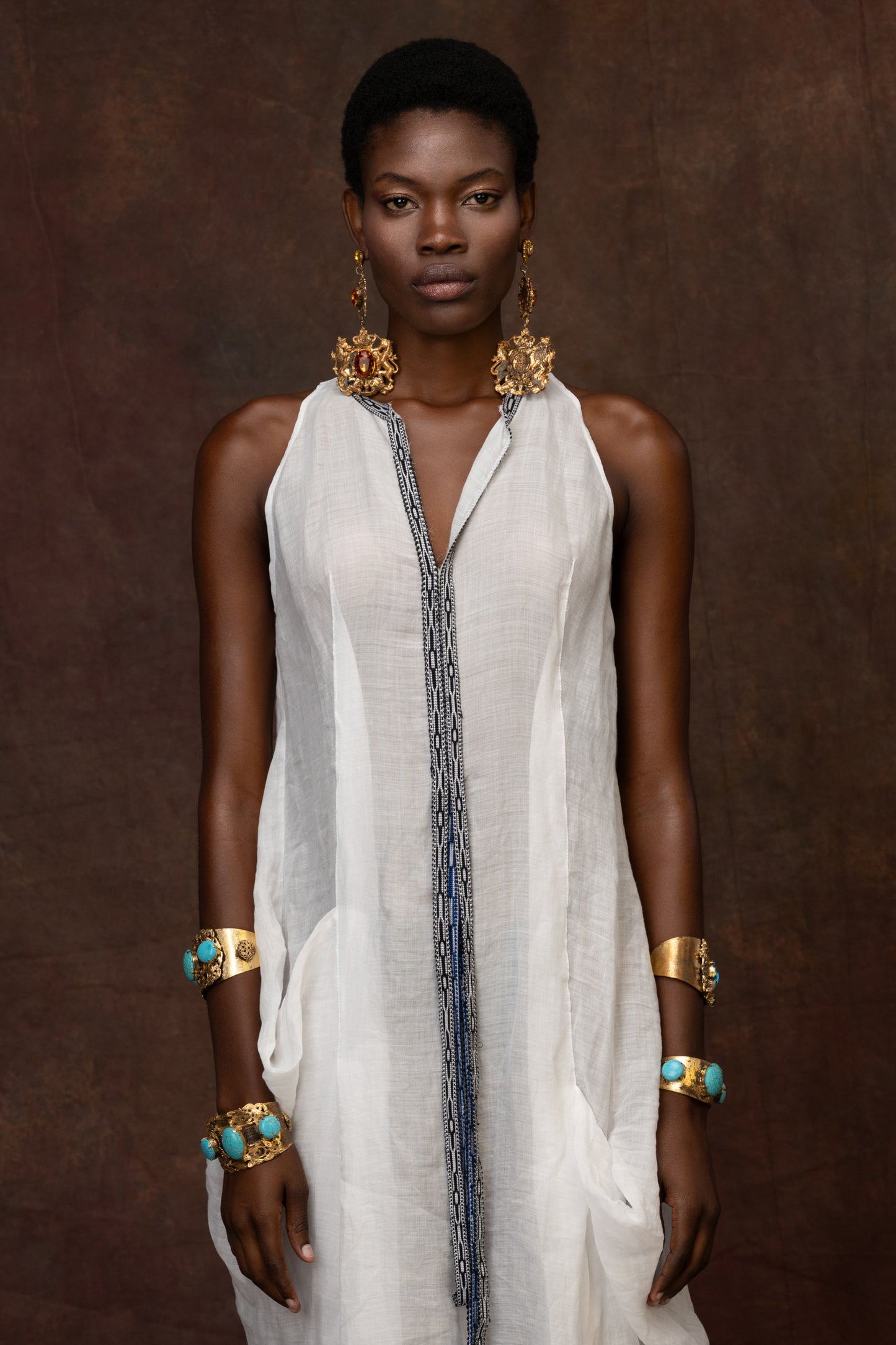 White Linen Dress With Trim Details