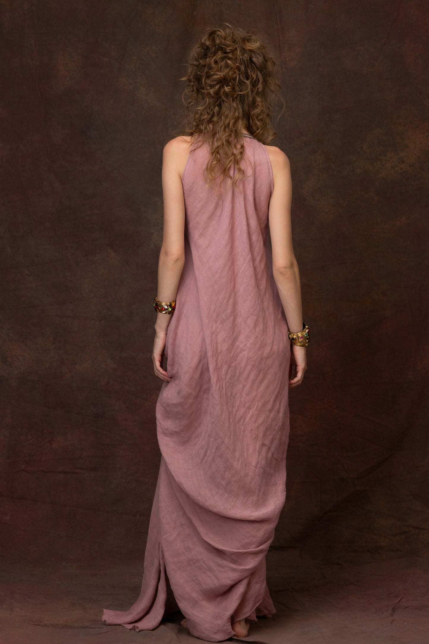 Rose Linen Dress With Element And Trim Details