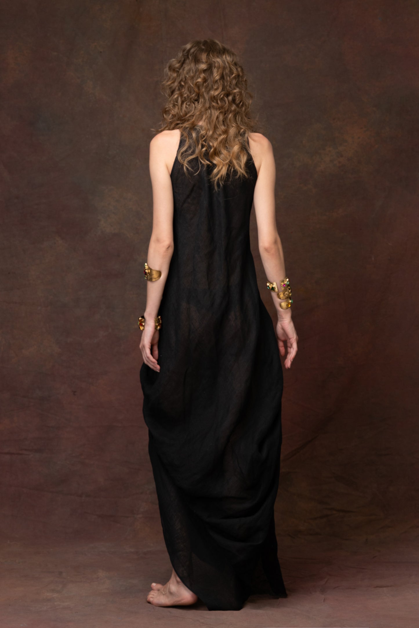 Black Linen Art Dress With Trims Details