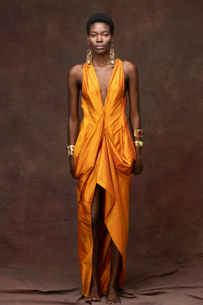 Antique Gold Soie Sauvage Draped Dress