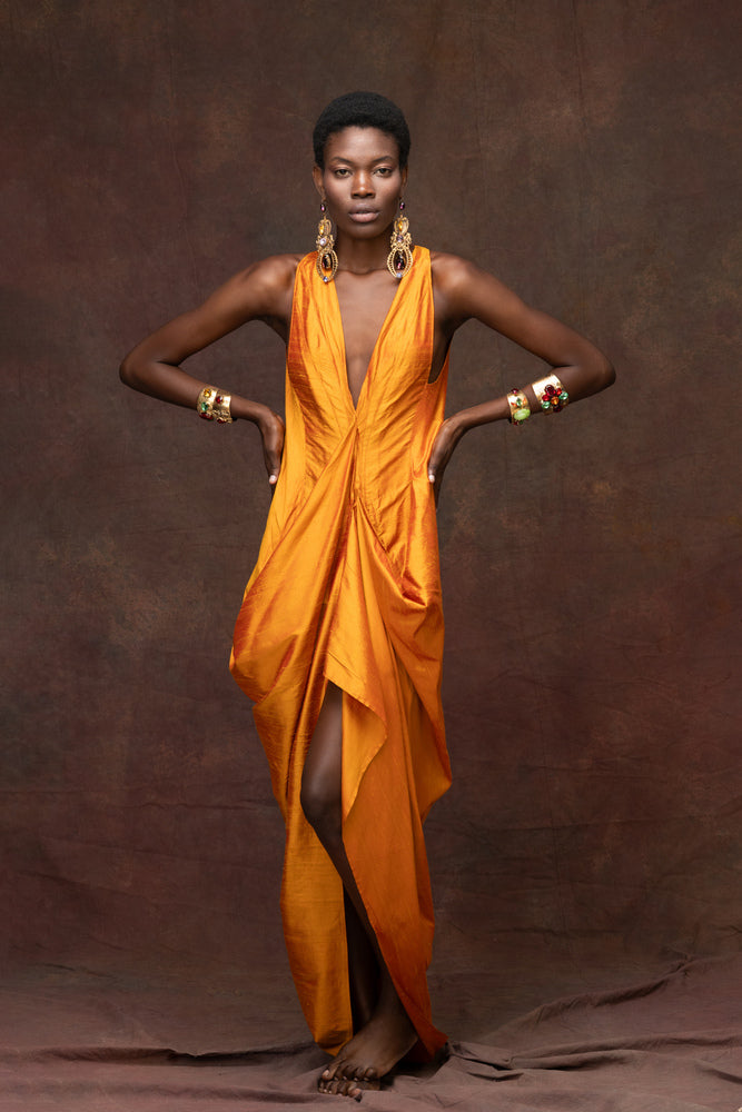 Antique Gold Soie Sauvage Draped Dress