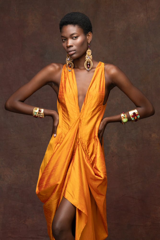 Antique Gold Soie Sauvage Draped Dress