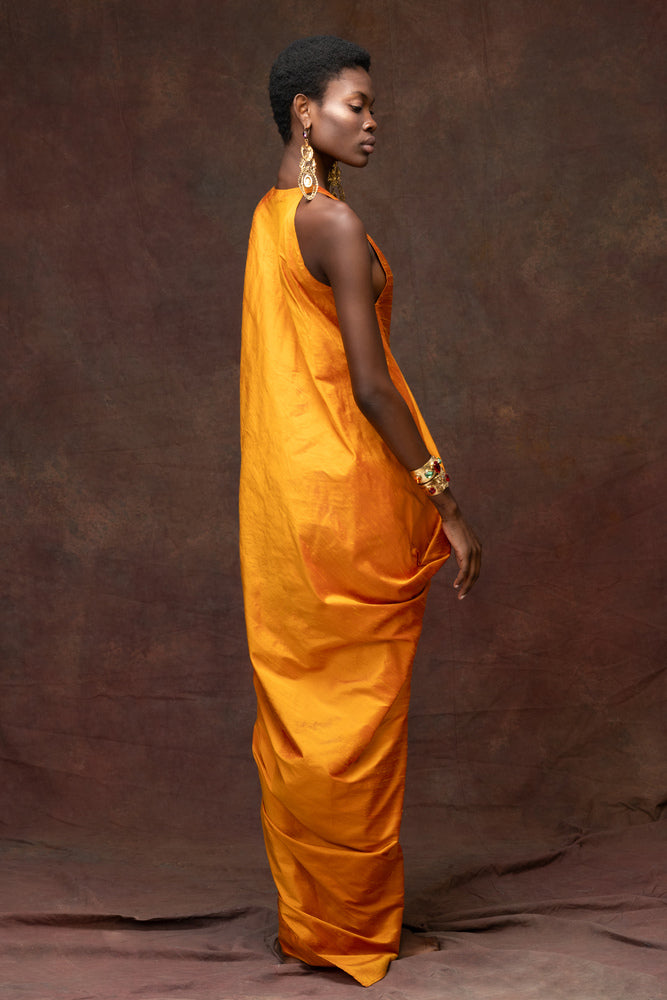 Antique Gold Soie Sauvage Draped Dress