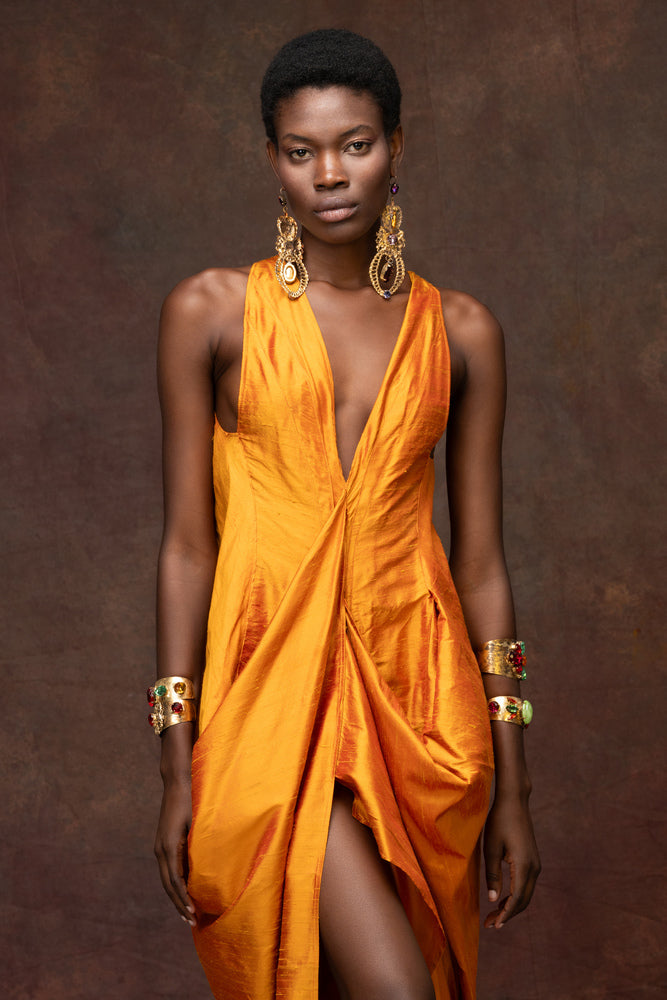 Antique Gold Soie Sauvage Draped Dress
