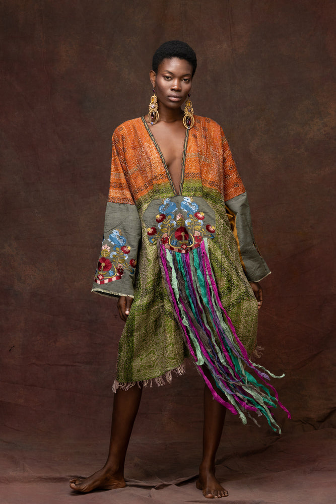 Unique Silk Caftan With Silk Ribbons