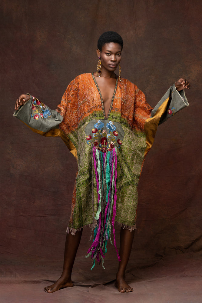 Unique Silk Caftan With Silk Ribbons
