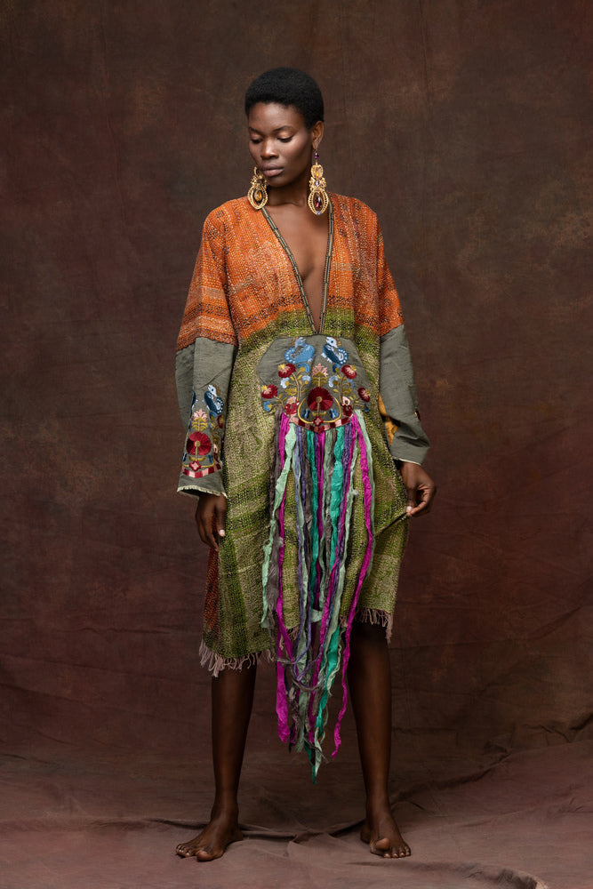 Unique Silk Caftan With Silk Ribbons
