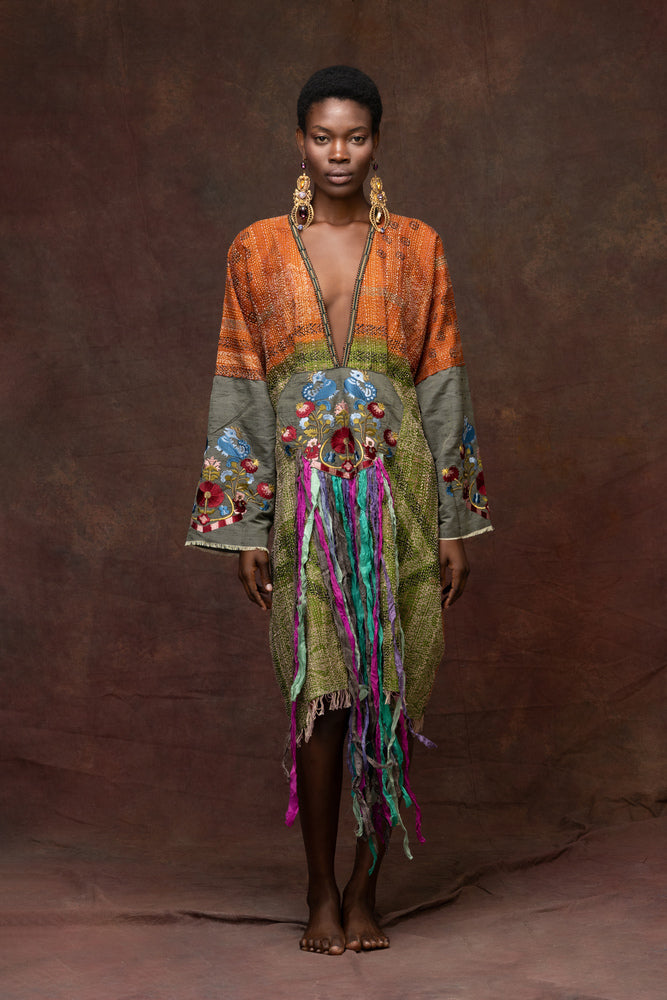 Unique Silk Caftan With Silk Ribbons