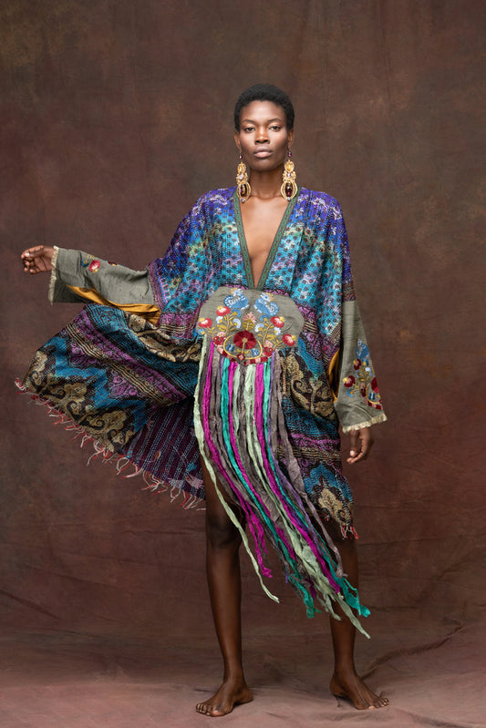 Unique Silk Caftan With Multi-Colored Ribbons